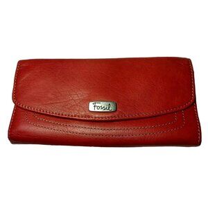 Fossil Genuine Leather Wallet Red Tri Fold 12 Card Slots Checkbook Flawed READ